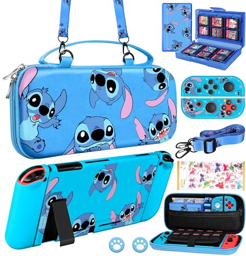 for Nintendo Switch 9 in 1 Storage Accessories Kit with Travel Carrying Case+Switch Protective Cover+Game Case Holder+Strap+Sticker+2 Joycon Shells+2 Thumb Caps Cute for Boys Kids Girls -Stit
