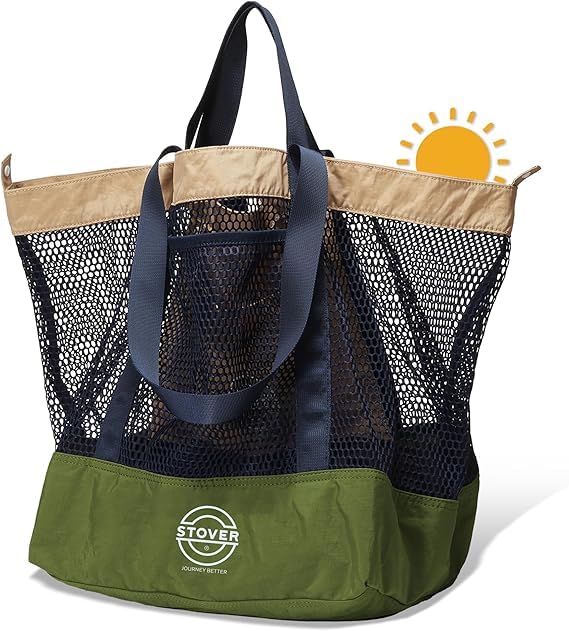 STOVER Extra Large Mesh Beach Bag, Vacation, Pool, Shopping & Travel Tote - Foldable w/Storage Pouch & Pockets for Women, Men