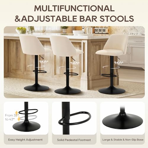 COLAMY Bar Stools Set of 3, Modern Swivel Bar Chairs, Adjustable Upholstered Barstools Counter Height with Full Backrest for Bar, Dining Room, Kitchen Island, Beige