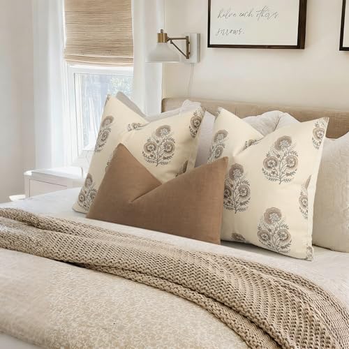 Image of YCOLL Vintage Floral Print Pillow Covers 22x22 Set of 2 Patterned Accent Decorative Cushion Covers Modern Farmhouse Throw Pillow Covers for Sofa Couch Chair Bed Living Room Home Decor, Light Brown