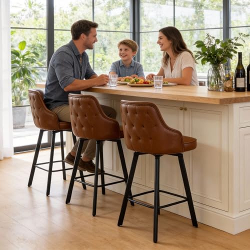 Image of Counter Height Bar Stools Set of 3 with Back, 26 inch Faux Leather Swivel Chair