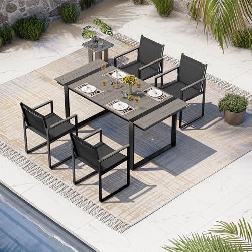 Image of Outdoor Dining Set, 5 Piece Aluminum Patio Furniture Set | Weather Resistant Outdoor Table and Chairs, HDPS Tabletop with Umbrella Hole, Textilene Mesh Chairs