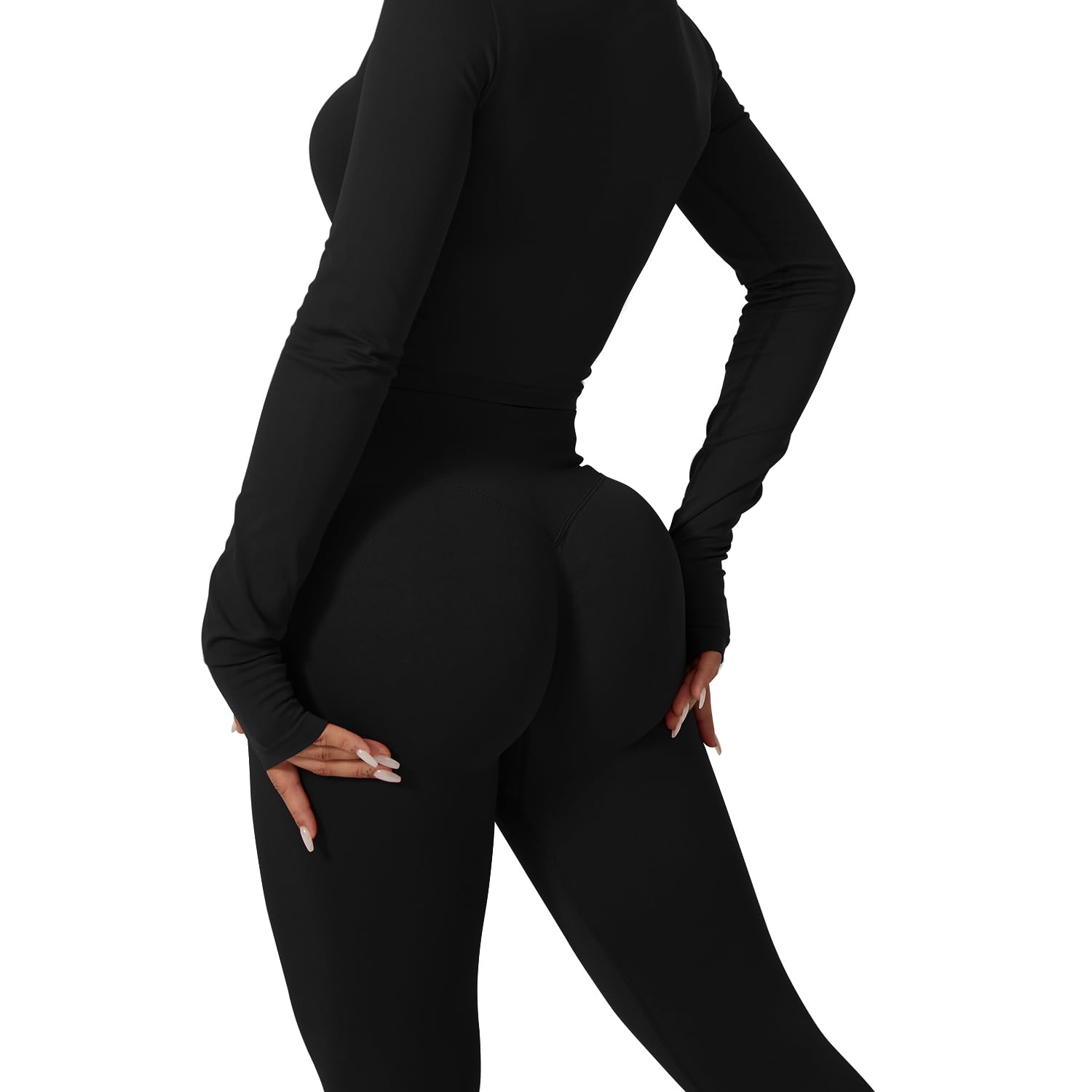 JN JANPRINT Ensemble de sport 2 pièces sans couture pour femme - Haut à manches longues - Leggings froncés dissimulés - Tenue de yoga
