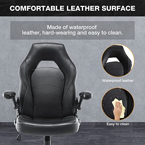 Image of OLIXIS Ergonomic Gaming Office Chair - PU Leather Executive Swivel Computer Desk Chair with Flip-up Armrests and Lumbar Support for Working, Studying, Gaming, Grey, Black (95black)
