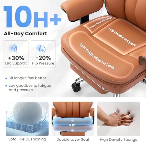 Image of Executive Office Chair with Lumbar Support, Comfortable Computer Desk Chair | Big and Tall Leather Gaming Chair with Double Layer Cushion & Footrest, 400bls Heavy Duty, Home Office Gaming Heavy People