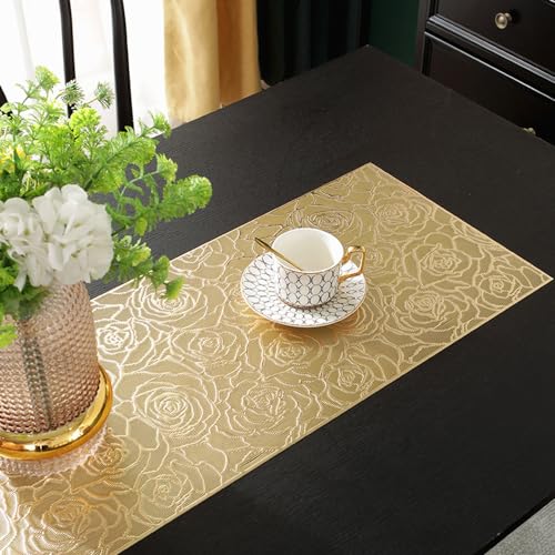 Hosoncovy Hollow Rose Table Runner Non-slip Decorative PVC Table Mats Placemat Heat Resistant Mats for Home Party Kitchen Dining Wedding Decor (92CM X 33CM) (Gold) - Image 3