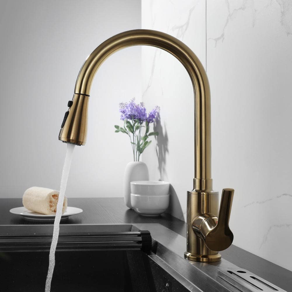 The new gun gray hot and cold faucet dual mode outlet kitchen sink pull faucet household sink faucet-Brushed gold