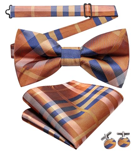 Image of Hi-Tie Bow Ties for Men Pre-Tied Pocket Square with Cufflinks Mens Bowtie Sets for Wedding Formal Party