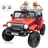 24V Ride On Jeep, Kids 2 Seater Ride On Car Truck w/4WD Motor, Remote Control, 3 Speed, Bluetooth Music, Spring Suspension, LED Light, Kids Electric Car Power Wheels Gift for Boys, Girls - Deep Red