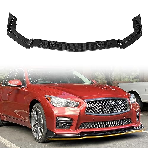MODILOVER Front Bumper Lip Spoiler Compatible with 2014-2017 Infiniti Q50 Sport Models, PP Black with Carbon Fiber Print 3PC Style Add-on Front Splitter Air Dam Chin Protector, 3 Pieces