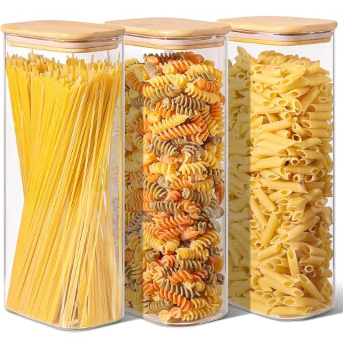 ComSaf Pasta Containers Storage 2.2 Qt, Set of 3 Tall Glass Spaghetti Jar