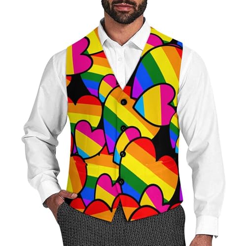 LGBT Pansexual Double Love Hearts Trendy Vest Suit for Men V Neck Formal Dress Waistcoat Vests Business Slim Fit
