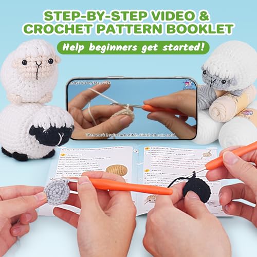 Image of Crochet Kit for Beginners, Crochet Starter Kit with Step-by-Step Video Tutorials, Amigurumi Crochet DIY Knitting Supplies for Teenagers Adults, 3-Pack Little Lambs (40%+ Yarn)