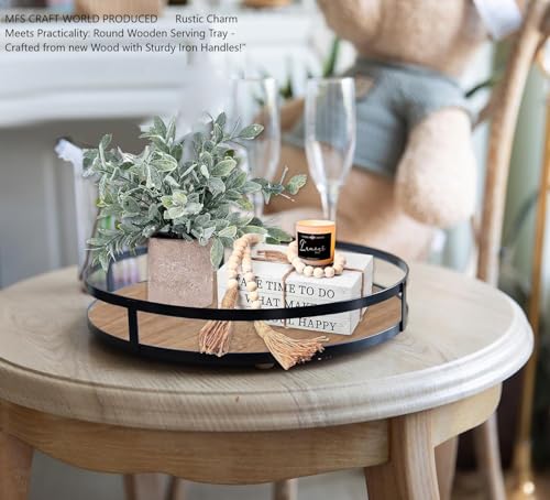 Image of Medium Rustic Round Wooden Serving Tray with Handles for Kitchen, Dining, Coffee Table & Home Handcrafted Tea Snacks Breakfast Tray /White12x12x2inch