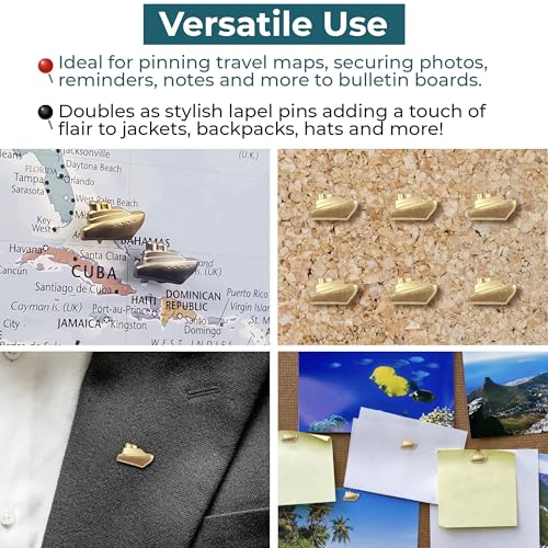 Image of Cruise Ship Push Pins - Gold Metal Cruise Ship Pins - for Cork Board, Maps, or Lapel Pin Use - Designed in USA - Set of 20