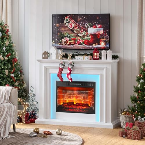 44" LED Electric Fireplace with Mantel, Fireplace TV Stand with 3-Dimensional Molding,White Entertainment Center with 23" Red Brick Fireplace Insert for Bedroom,Living Room