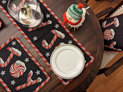 Dada Bedding Starry Peppermint Joy Tapestry Table Runner - Festive Black Red Christmas Holiday Candy Cane Sweets - Cotton Linen Woven Kitchen Dining Mats - 13" X 72" (12904) #TOP1