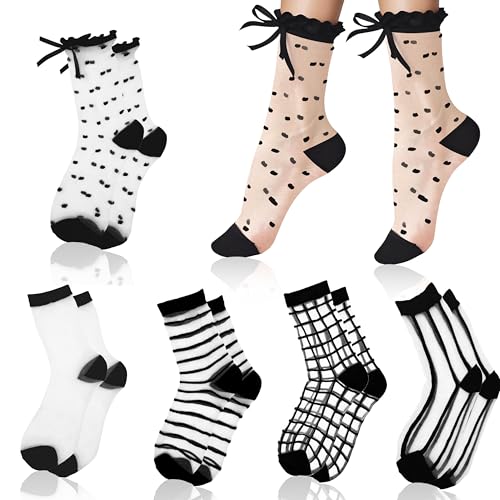 5-Pairs Sheer Ankle Socks - Black See-Through Socks with Striped/Plaid/Dot Patterns for Women & Girls