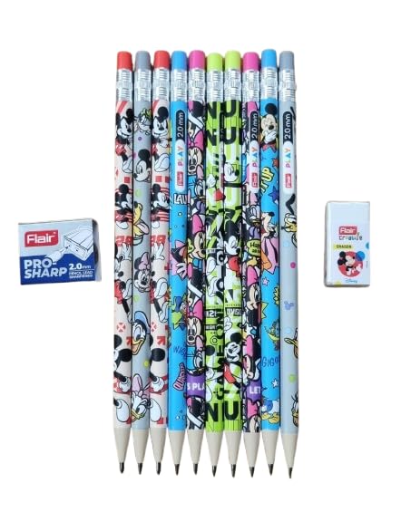 Image of Flair 2.0mm Mechanical Multicolor Extra Dark 2B Pencils| Mickey & Friends Play+Princess+Thrill Characters- 10 Eachx3= 30 Pencils| Wood Free Writing|1 Big Sharpner & 1 Eraser With Each Pack| Refillable