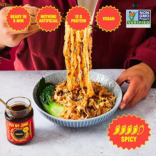 Image of FLYBYJING Chili Crisp Noodles - Sun-Dried Asian Instant Noodles with Sichuan Chili Crisp Sauce - Ready in 6 Minutes - Premium Non-Fried Vegan Noodle, 12g Protein, Non-GMO (Pack of 6)
