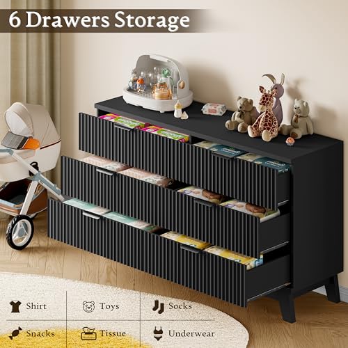 Image of BORNOON 53 inch Long Dresser for Bedroom, 6-Drawer Dresser with Fluted Fronts, Wide Wood Chest of Drawers, Smooth Metal Slides, Stable Base, Modern Clothes Storage Cabinet for Living Room, Hallway