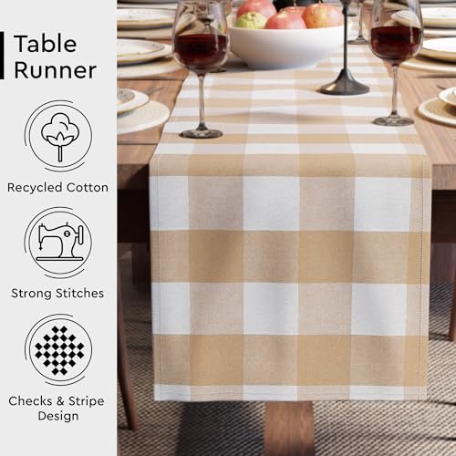 Image of Encasa XO Cotton Table Runner for 8 Seater | Size 13x91 in | Buffalo Beige Checks - Machine Washable & Durable