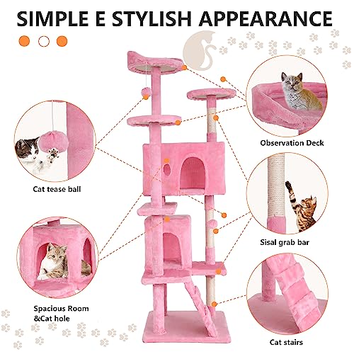 Image of BestPet | 70 inch Cat Tree Tower | Pink | Sturdy Multi-Level Cat Tree