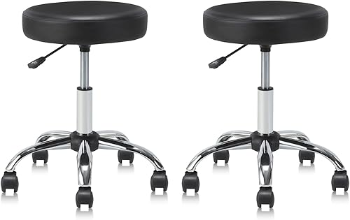 Juego de 2 taburetes redondos giratorios con ruedas de altura ajustable, asiento ancho resistente, taburete de dibujo para oficina, salón, masaje,