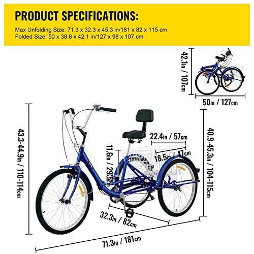 Bkisy Tricycle Adult 26'' 7-Speed 3 Wheel Bikes for Adults Three Wheel Bike for Adults Adult Trike Adult Folding Tricycle Foldable Adult Tricycle 3 Wheel Bike Trike for Adults (Blue)