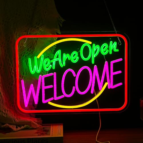 Image of Business We Are Open Neon Sign Welcome Wall Decor Neon Light Open Sign LED Light Sign Coffee Shop Bar Restaurant Salon Hotel Welcome Door Window Decor Sign USB 16.5 inchX11.8 inch