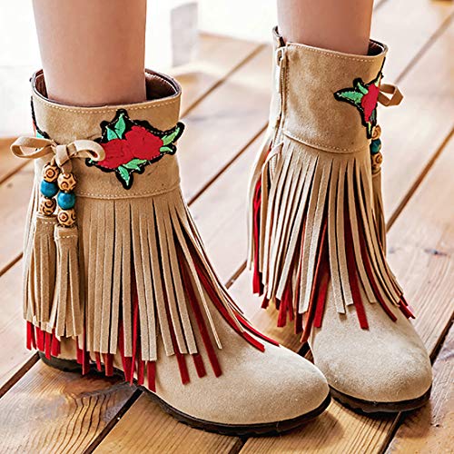 MAVMAX Women's Fringe Tassel Booties Wedge High Heels Retro Ankle Boots3