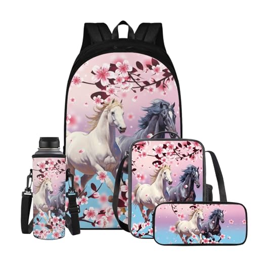 Cherry Blossom Horse Backpack for Girls Kids Backpack with Lunch Box Water Bottle Bag and Aesthetic Pencil Case 4PCS Set Bookbag with Compartments for School Teens 17 inch Sturdy School Bag