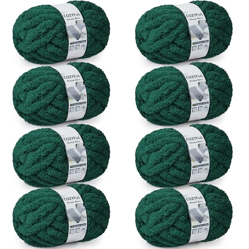 Cozyful Chunky Yarn for Hand Knitting - #10 Chunky Chenille Yarn Jumbo Big Thick Chunky Yarns for Crocheting Super Bulky Chunky Knit Blanket Yarns 8 Skein (22 yds 8 oz Each Skein) Forest Green