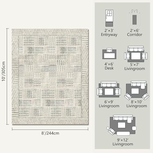 Image of Area Rug 8x10 Abstract Geometric Textured Brushstroke - Neutral Gray & Light Blue Modern Minimalist Area Rug, Decorative Carpet for Living Room Bedroom Home Decor