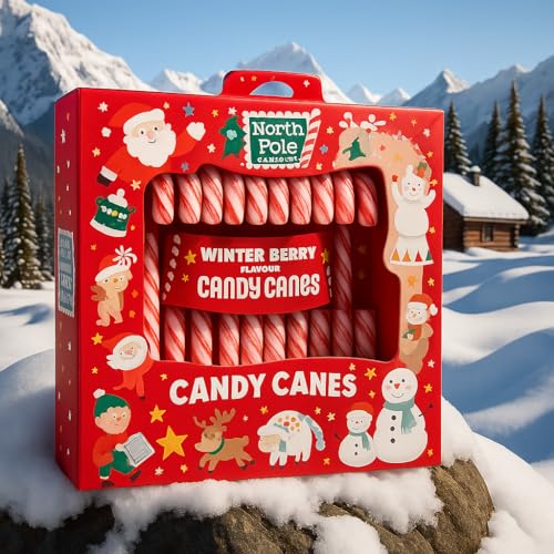 Image of Candy Canes North Pole Winter Berry Flavour (12x 10g) 120g Box By Cougar | Festive Holiday Sweet Treats Gift Box | Classic Striped Christmas Candy for Parties, Gifting, Stockings, Decorations & Celebrations | Pack of Holiday Canes (IMPORTED-UK)