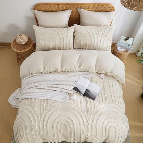 Nayoroom B0CJYKPNF7 Boho Duvet Cover Queen Size Beige Tufted Chenille Rainbow Textured Comforter Cover 3 Pcs Luxury Soft Washed Microfiber Aesthetic Bedding Set thumb #3