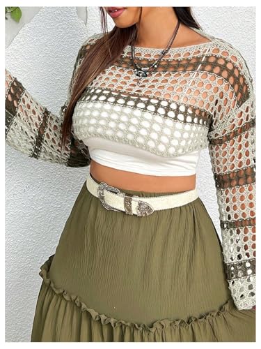 Women's Plus Size Striped Crochet Sweater Bell Sleeve Knit Cropped Pullover Tops4