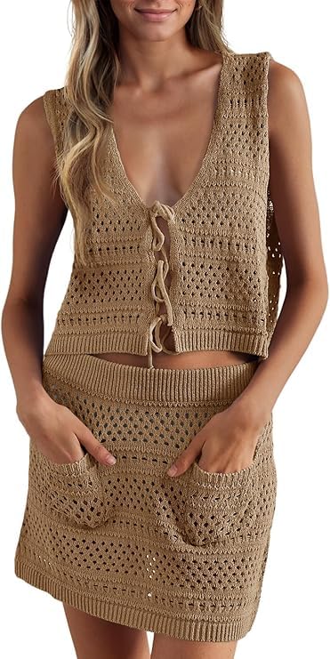 Saodimallsu Damen Bikini Cover Up Set 2 Teilig Badeanzug Häkeln Ärmellose Crop Top Strickrock Häkelkleid Strand Bademode Gestrickte Strandkleid...