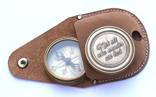 NEOVIVID Not All Who Wander are Lost Engraved Brass Compass with Leather Case, Pirates Compass, Magnetic Navigational Instrument - Thumbnail 4