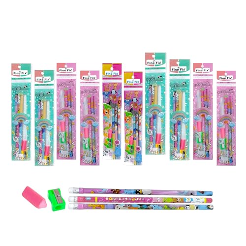 Image of 3 Pcs Pencil Set with Eraser, Sharpener & Extra Eraser for Kids | Stationery Kit for Boys & Girls (Age 3-15 Years) | School Supplies & Birthday Return Gift (Pack of 10)