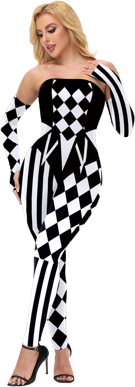 Women's Halloween Clown Bodysuit Costume Off Shoulder with Detachable Sleeves Outfit for Cosplay Carnival Party