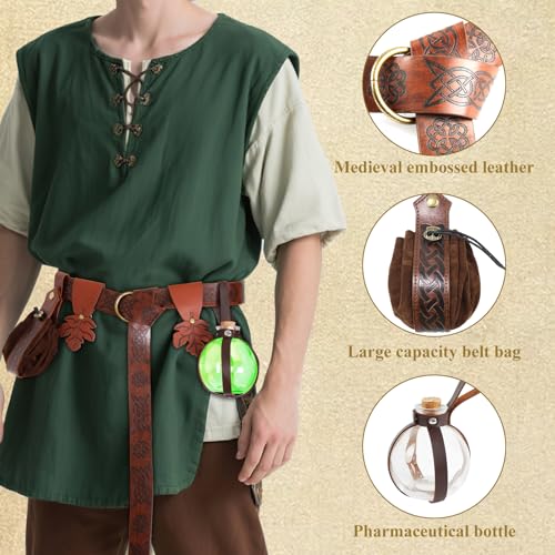 5 Pcs Medieval Belt Set for Women,Renaissance Costume Accessories with Adjustable Skirt Hikes, Vintage PU Leather Waist Belt, Potion Bottles for Halloween LARP Cosplay3