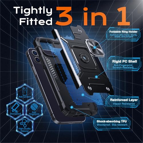 Image of Anqrp Heavy Duty Case for iPhone 12 Mini Case with Enhanced Ring Holder Grip Stand, Military Grade Shockproof Rugged Drop Protective Silicone Hard Slim iPhone 12 Mini Phone Case Cover, Matte Black