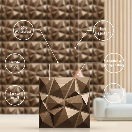 Image of Kayra Decor Wall Panels for Bedroom - PVC Diamond Design, Gold Color 19.7 inch X 19.7 inch (Pack of 12) - Covers 32.34 Sq. Ft.