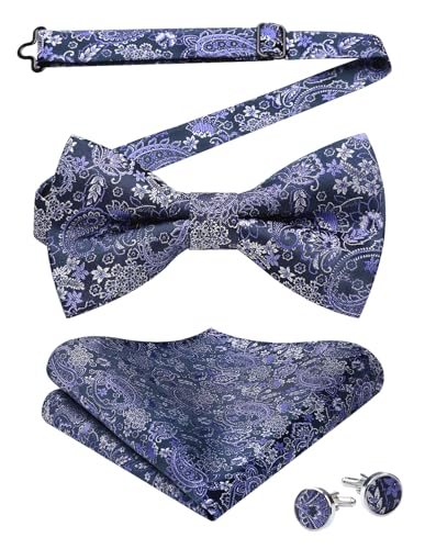 Image of HISDERN Bow Ties for Men Pre-Tied Bow Tie Floral Paisley Handkerchief Classic Formal Bowtie and Pocket Square Cufflinks Set