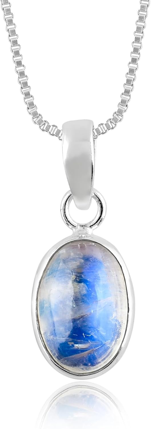 InfinityGemsArt Rainbow Moonstone Pendant Necklace For Men Women June Birthstone Natural Gemstone Bezel Handmade Jewelry Crystals, Sliver Plated Chain 18 inch Adjustable