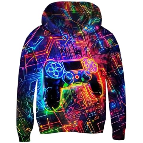 uideazone Hoodie for Boys Funny Game Controller Graphic Hooded Sweatshirt 3d Print Neon Kids Hoodies Long Sleeve Fleece Jacket Size 8-10 with Pockets Cover