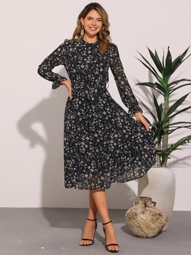 Image of Allegra K Fall Casual Floral Dress for Women 2025 Long Sleeve Crew Neck Chiffon Midi Tea Party Ruffle Dresses
