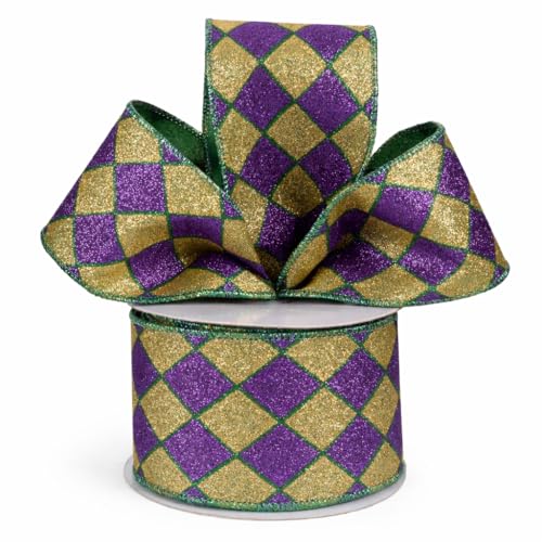 Image of Harlequin Glitter Diamonds Wired Ribbon - 2 1 /2 inch x 10 Yards, Purple and Gold Glitter Diamonds, Green Accents, Mardi Gras Decor, Fat Tuesday, Hanukkah, Holiday Garland, Gifts, Wrapping, Wreaths, Bows