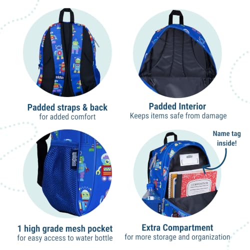 Image of Wildkin 15 Inch Backpack for Kids, Robots | Ages 5-10, padded straps, side water bottle pocket - coordinates with matching Wildkin lunch boxes and water bottles